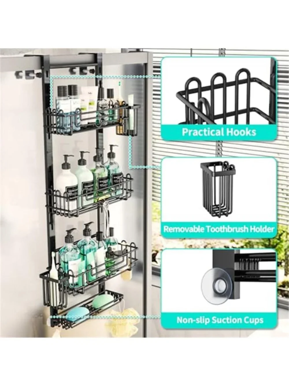 Over Door Shower Caddy Hanging Bathroom Organizer 4 Tier Shower Shelf Hooks